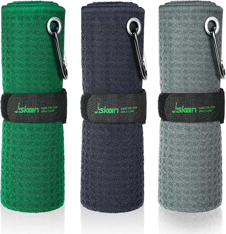Jiskan Pro Microfiber Golf Towel with Carabiner Clip, Gift Box, and Du