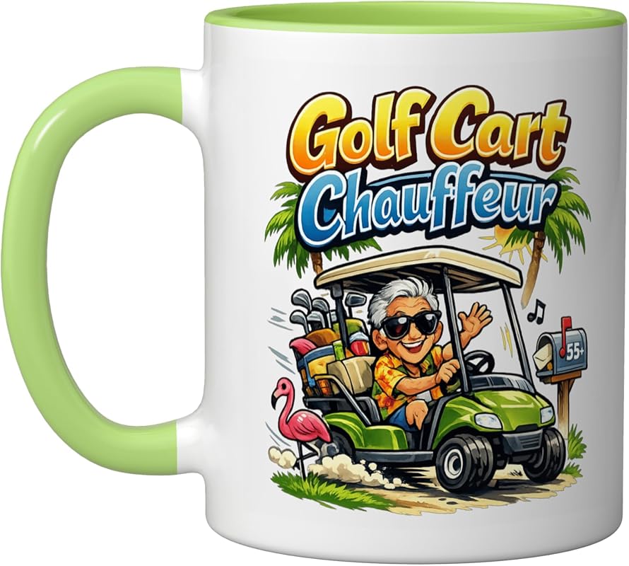 Funny Golf Cart Chauffeur Ceramic Mug for Retirement Community, 11oz L
